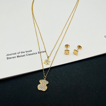 Blingblimg Set nakita s kristalima Bear Star, dvostruki sloj, naušnice i ogrlica od titan čelika, križna lanac, lagani luksuzni stil