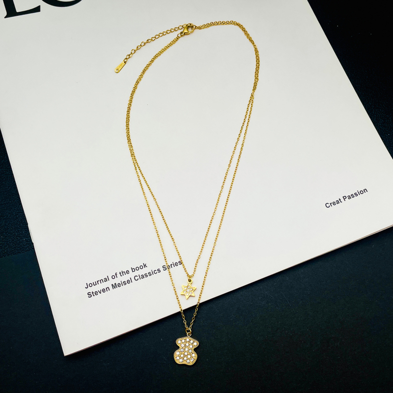 Blingblimg Set nakita s kristalima Bear Star, dvostruki sloj, naušnice i ogrlica od titan čelika, križna lanac, lagani luksuzni stil