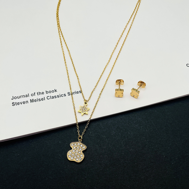 Blingblimg Set nakita s kristalima Bear Star, dvostruki sloj, naušnice i ogrlica od titan čelika, križna lanac, lagani luksuzni stil