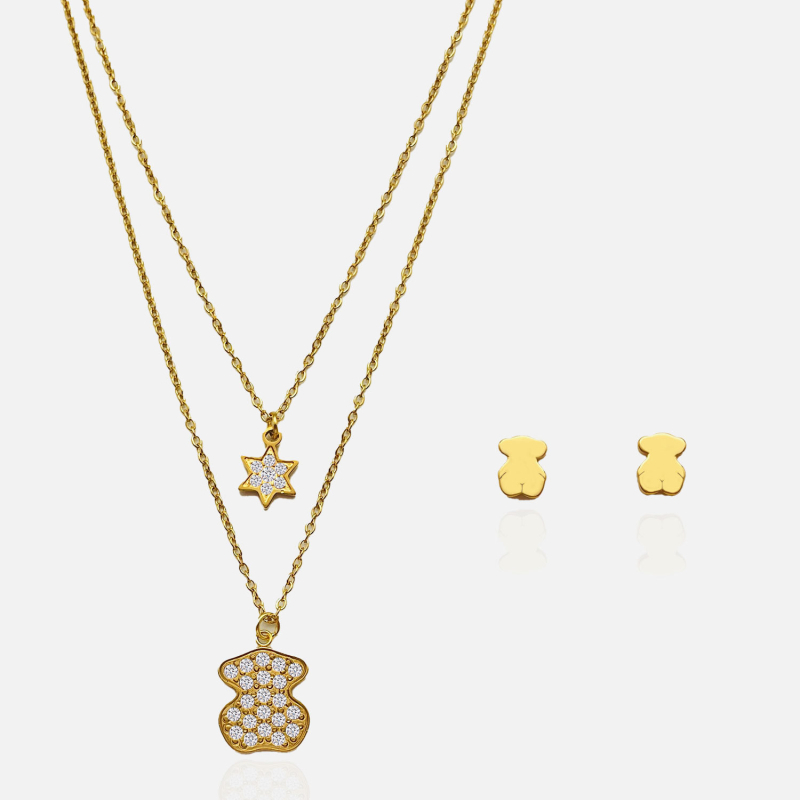 Blingblimg Set nakita s kristalima Bear Star, dvostruki sloj, naušnice i ogrlica od titan čelika, križna lanac, lagani luksuzni stil