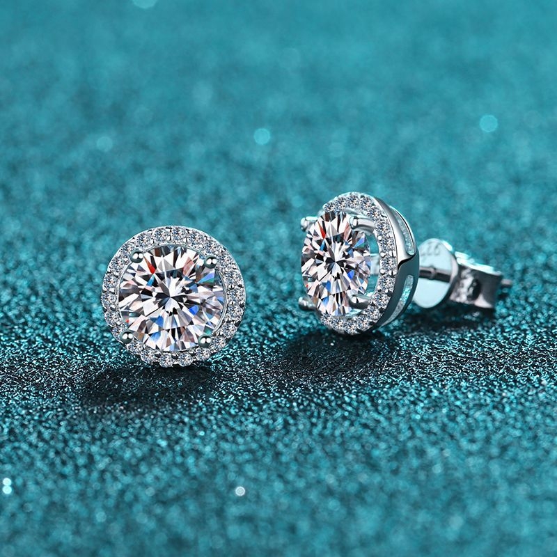 Moissanite apvalūs auskarai, 925 sidabras, keturių įtvirtinimų, unisex, 1 karatas