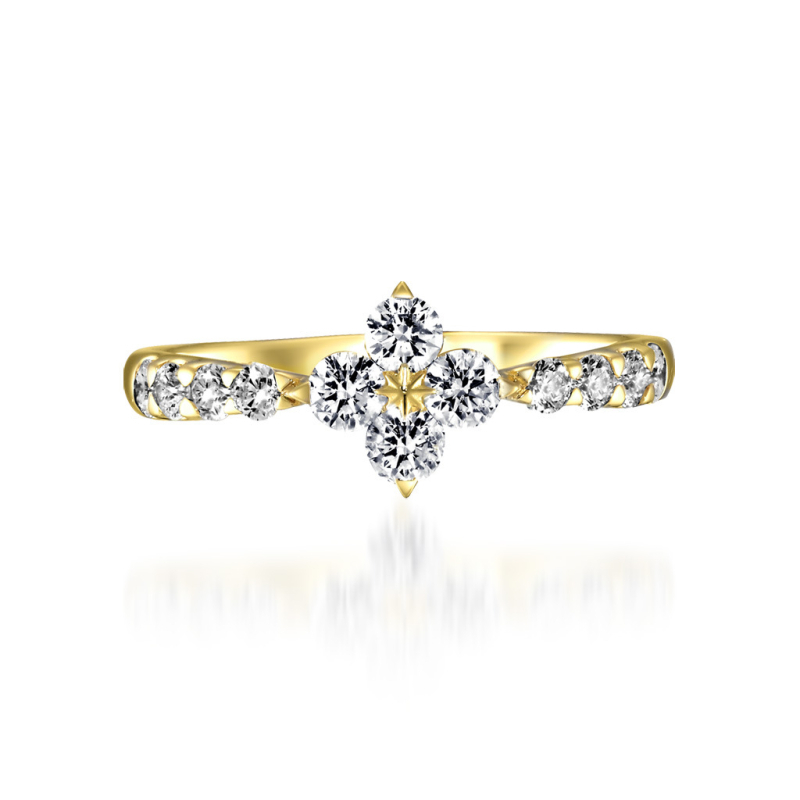 Prsten s motivom četverolistne deteline, moissanit, srebro 925 s pozlaćivanjem 14K, japanski stil