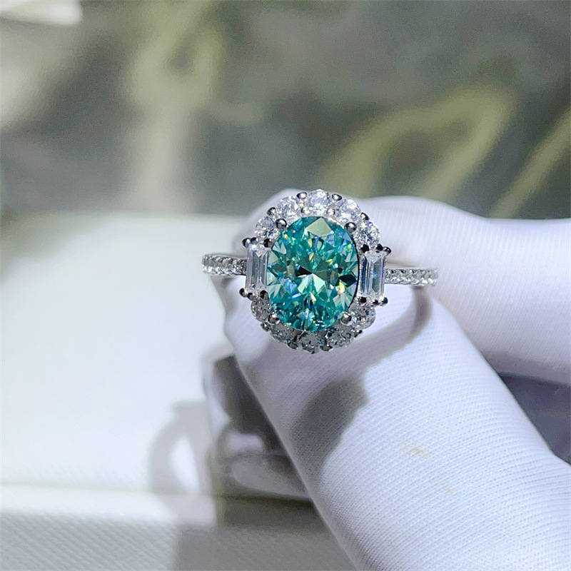 Prsten Paraiba zeleni moissanit za žene, S925 srebro, dizajnerski stil, europski i američki modni stil, šareni moissanit