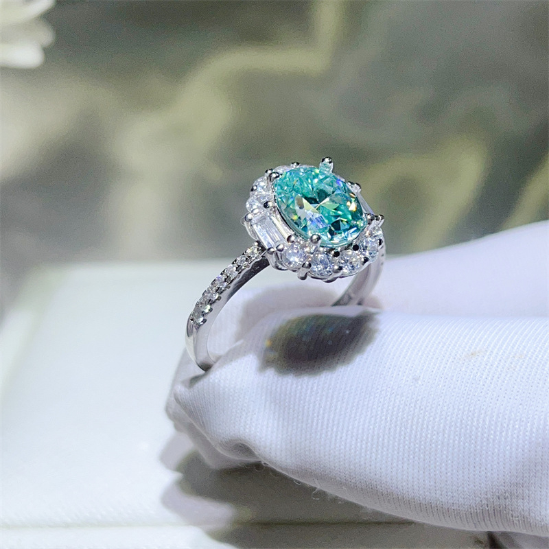 Prsten Paraiba zeleni moissanit za žene, S925 srebro, dizajnerski stil, europski i američki modni stil, šareni moissanit