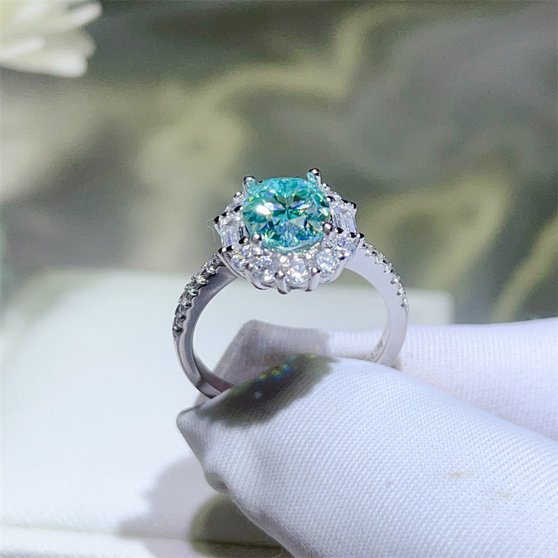 Prsten Paraiba zeleni moissanit za žene, S925 srebro, dizajnerski stil, europski i američki modni stil, šareni moissanit