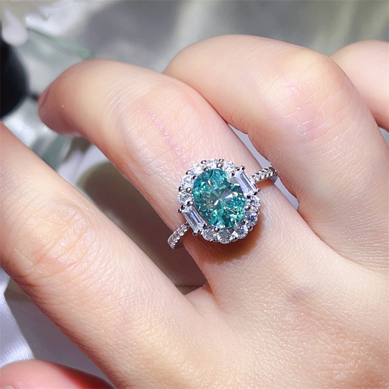 Prsten Paraiba zeleni moissanit za žene, S925 srebro, dizajnerski stil, europski i američki modni stil, šareni moissanit