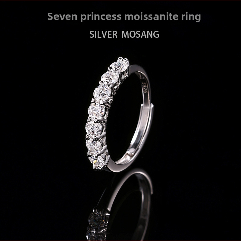 Prsteň zo striebra 925, sedem Moissanitových kameňov v tvare Princess, stackable, polovičný prsteň