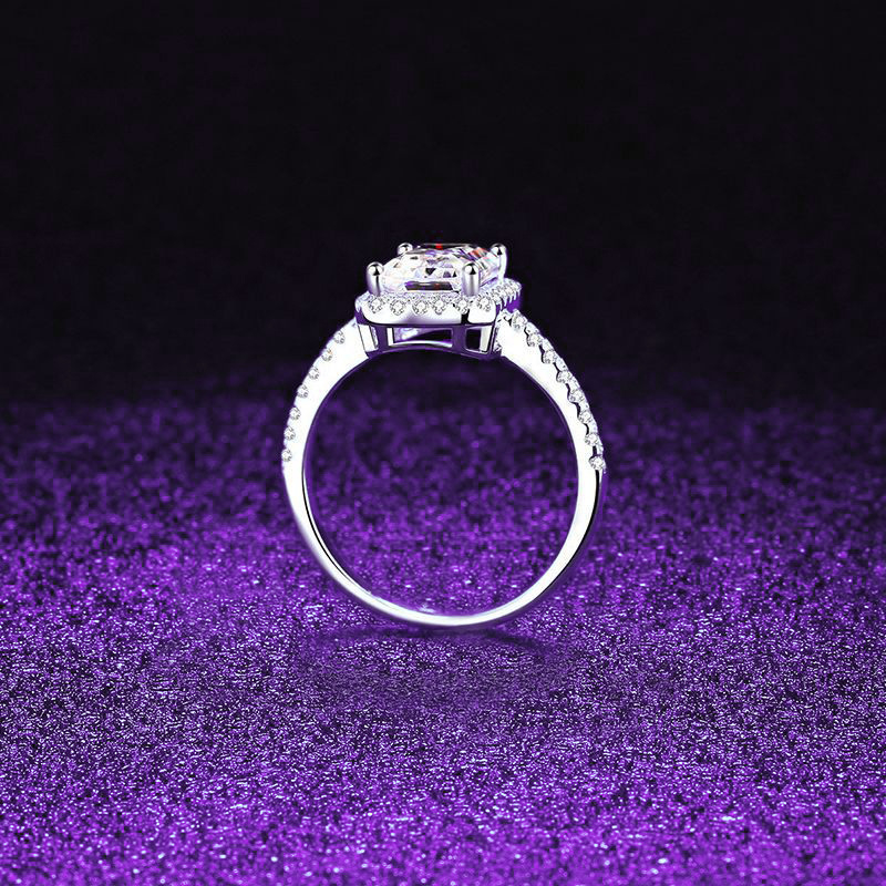 Inel din argint 925 cu moissanit, piatră tăiată Emerald, montură completă, finisaj electroplacat