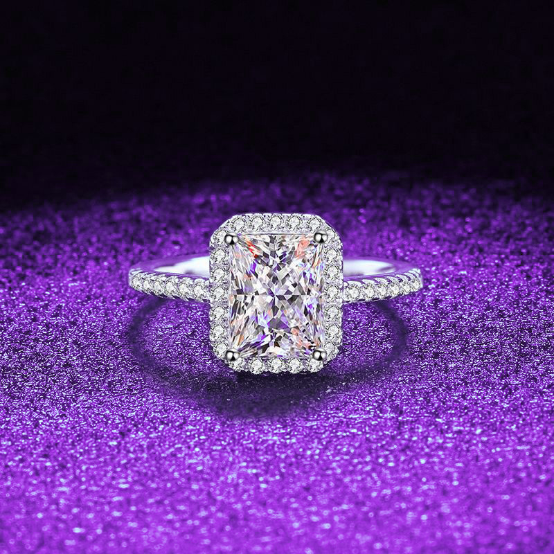 Inel din argint 925 cu moissanit, piatră tăiată Emerald, montură completă, finisaj electroplacat