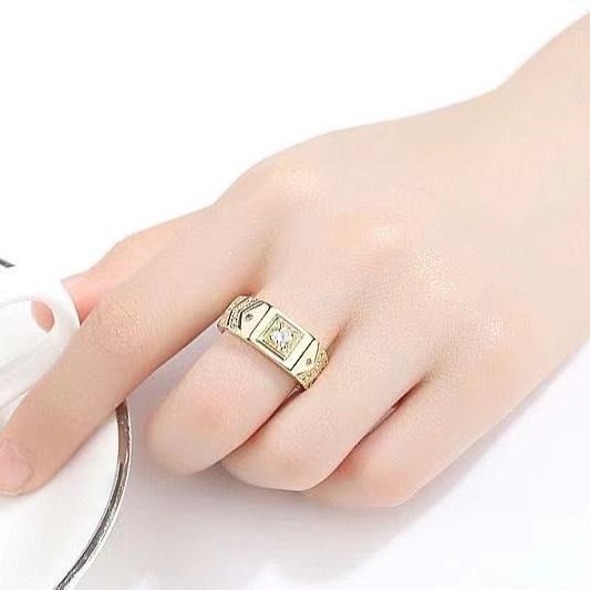 Pánsky prsteň – 24K pozlátený, moissanit, kórejský štýl, geometrický dizajn, ekologická meď