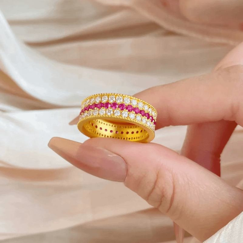 Geometrický prsteň z meďe so zirkónom, elektrolyticky lakovaný — dámsky prsteň pre pár