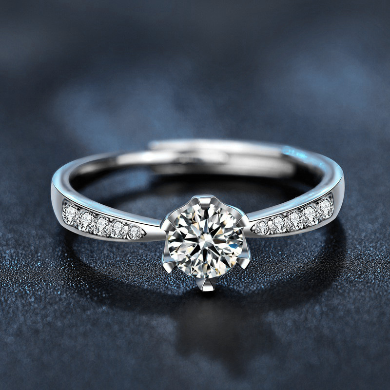 Inel cu Moissanit, Argint 925, montură cu șase gheare, reglabil, platinat 0,05 μm