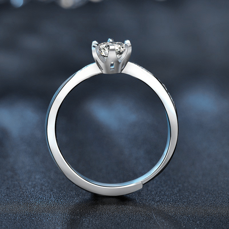 Inel cu Moissanit, Argint 925, montură cu șase gheare, reglabil, platinat 0,05 μm