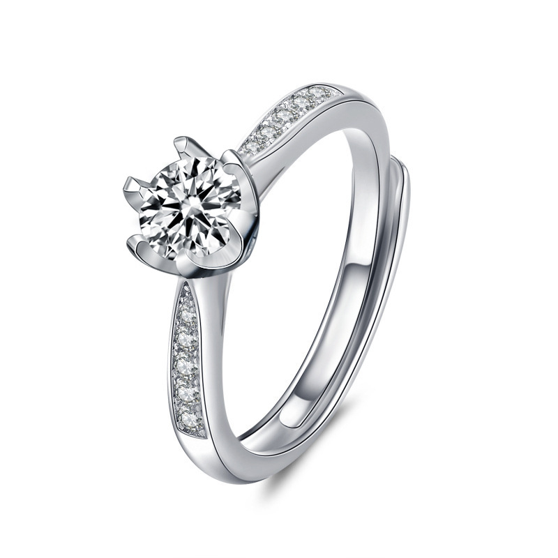 Inel cu Moissanit, Argint 925, montură cu șase gheare, reglabil, platinat 0,05 μm