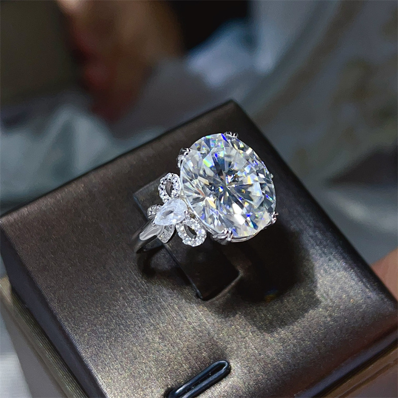 Inel Moissanite cu design fluture, formă ovală de ou, croi prelung, pentru femei