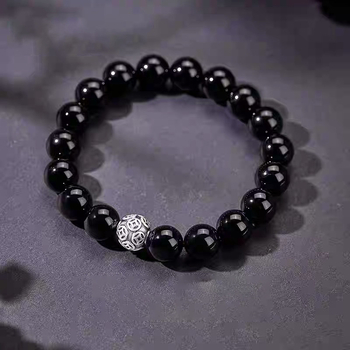 Brățară din obsidian pentru bărbați, stil etnic, mărgele rotunde, placare electroplată, set de 18 bucăți
