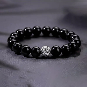 Brățară din obsidian pentru bărbați, stil etnic, mărgele rotunde, placare electroplată, set de 18 bucăți