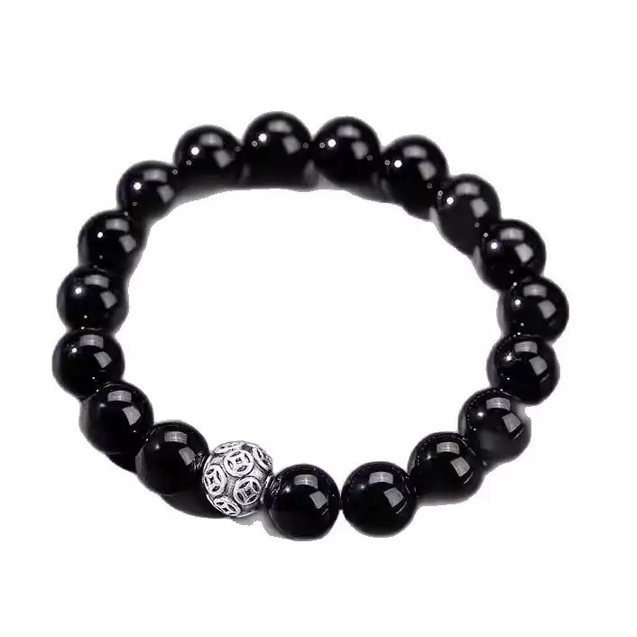 Brățară din obsidian pentru bărbați, stil etnic, mărgele rotunde, placare electroplată, set de 18 bucăți
