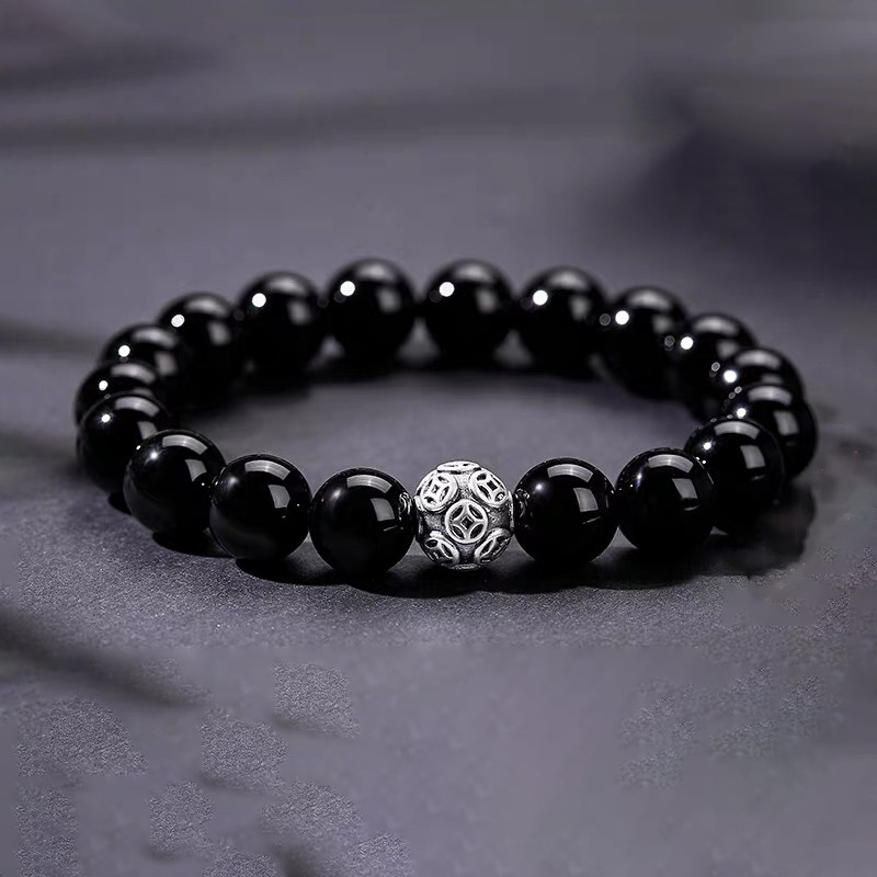 Brățară din obsidian pentru bărbați, stil etnic, mărgele rotunde, placare electroplată, set de 18 bucăți