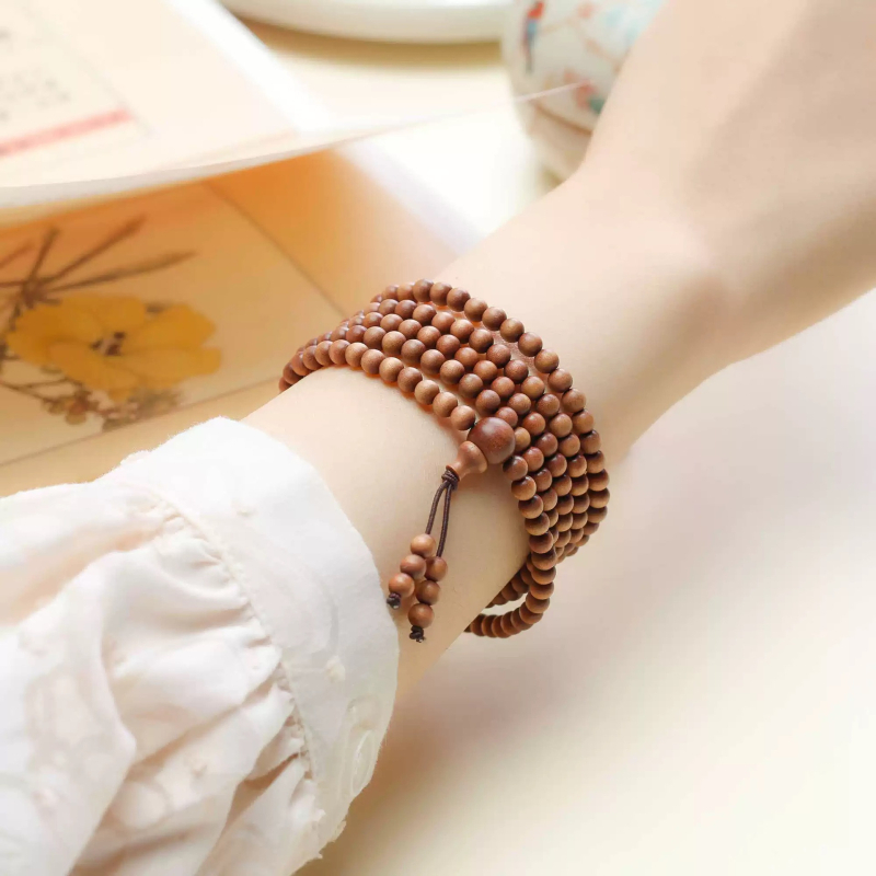 Brățară din Mysore Laoshan santal indian, lucrată manual, unisex, design cu cercuri multiple, mărgele rotunde, 216 mărgele