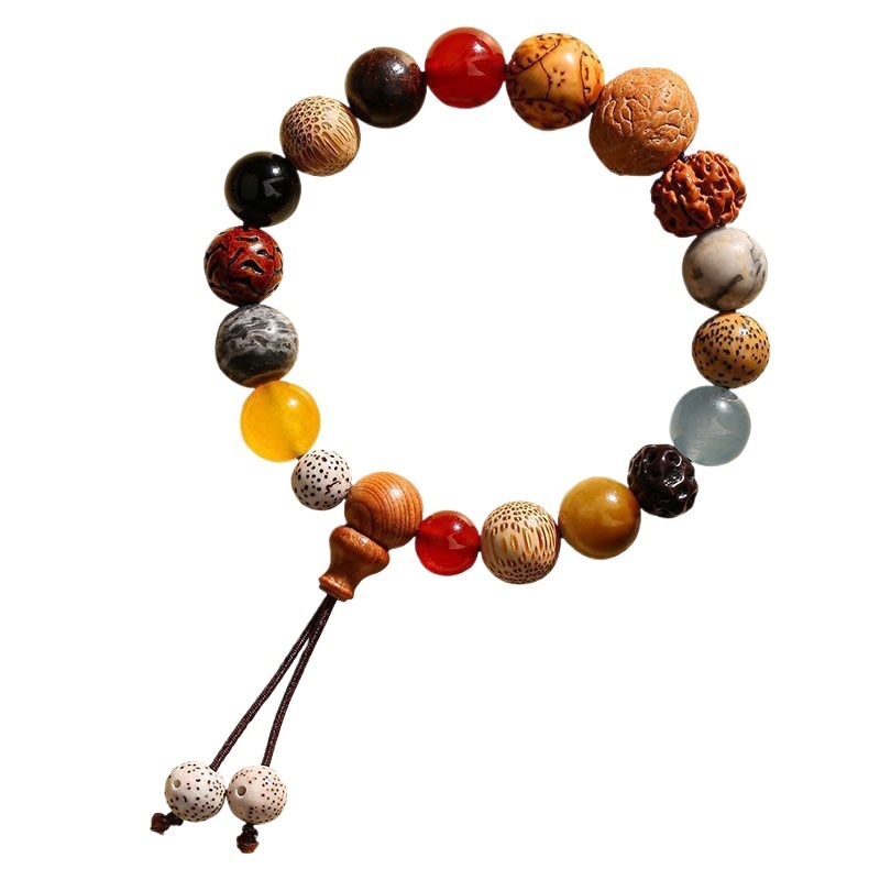 Narukvica s 18 Bodhi perlama od lobular rosewood, geometrijski dizajn, ručna izrada, etnički unisex nakit