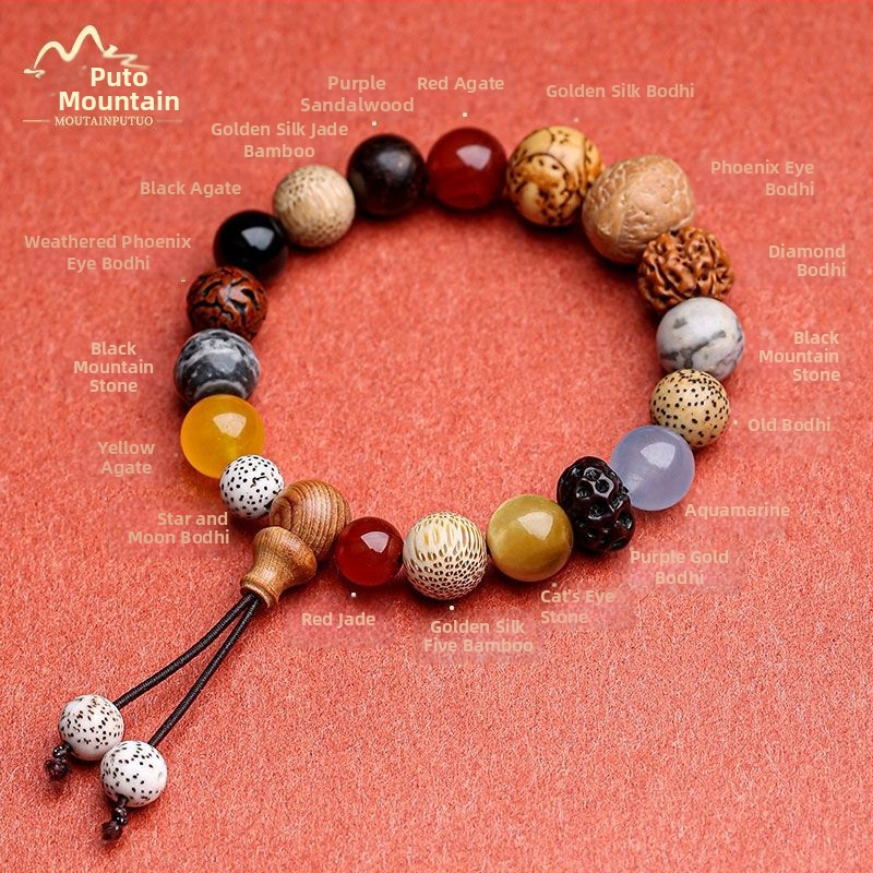 Narukvica s 18 Bodhi perlama od lobular rosewood, geometrijski dizajn, ručna izrada, etnički unisex nakit