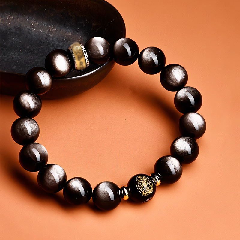 7A prirodna srebrna obsidijan narukvica s Budinim zaštitnikom za dvanaest znakova, unisex