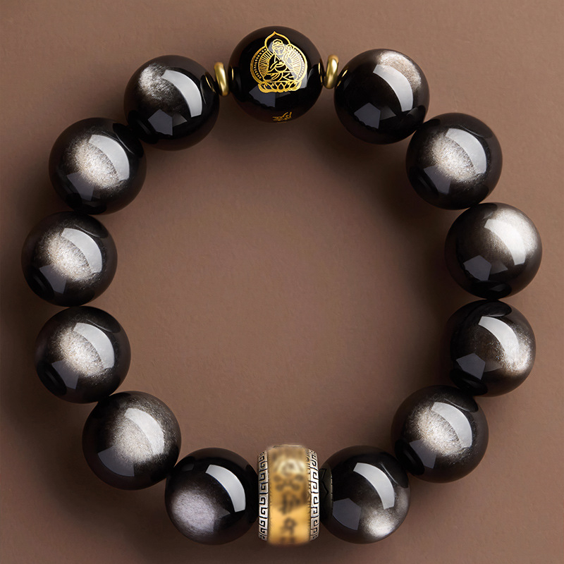7A prirodna srebrna obsidijan narukvica s Budinim zaštitnikom za dvanaest znakova, unisex