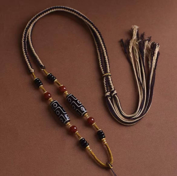 Tibeto agato karoliai su devyniais Dzi karoliukais – unisex, etninis stilius, rankų mezgimas, Xuan shengyu, 2023 vasara