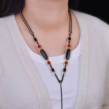 Tibeto agato karoliai su devyniais Dzi karoliukais – unisex, etninis stilius, rankų mezgimas, Xuan shengyu, 2023 vasara