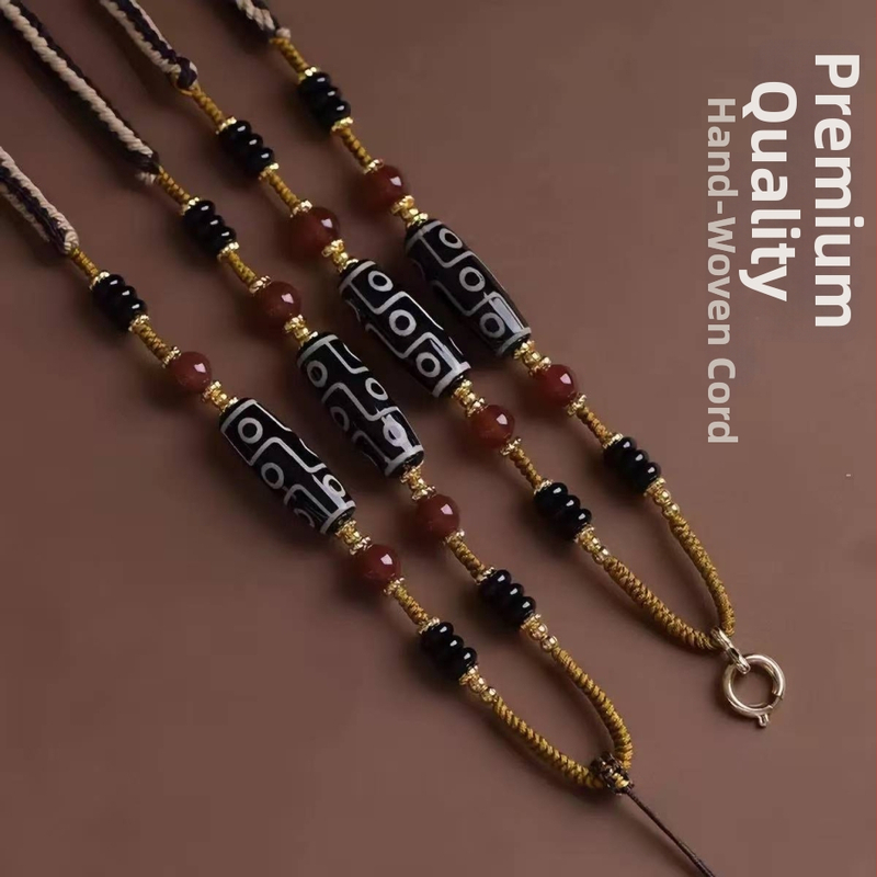 Tibeto agato karoliai su devyniais Dzi karoliukais – unisex, etninis stilius, rankų mezgimas, Xuan shengyu, 2023 vasara