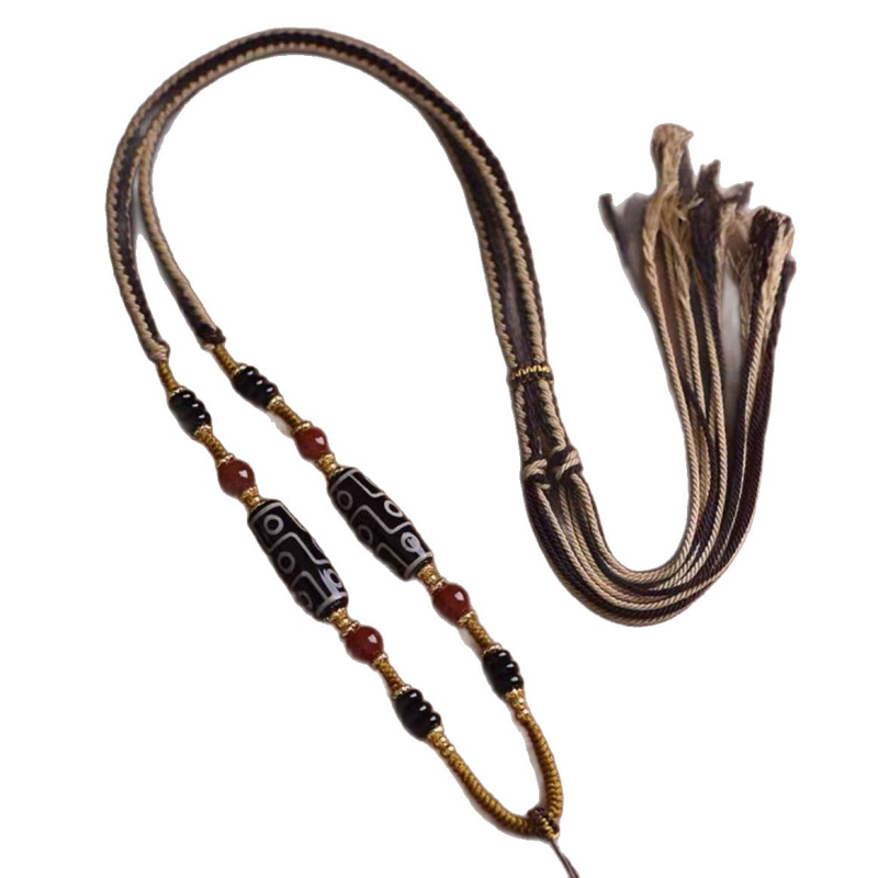 Tibeto agato karoliai su devyniais Dzi karoliukais – unisex, etninis stilius, rankų mezgimas, Xuan shengyu, 2023 vasara