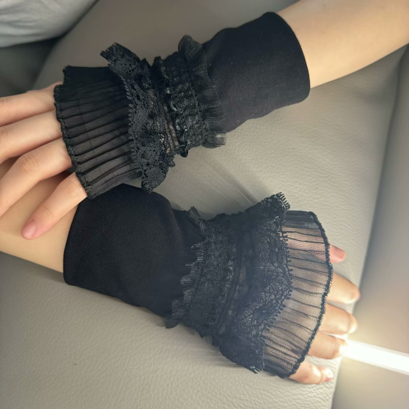 Sieviešu mežģīņu puspirkstu cimdi | Izšūts ziedu raksts, mežģīne