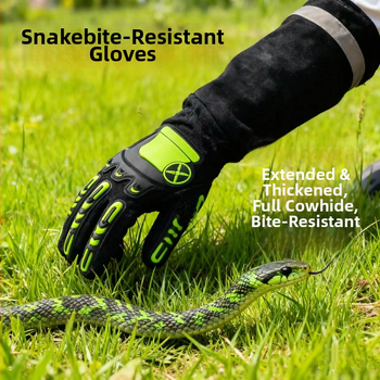 Čūsku notveršanas cimdi, bieza paplašināta liellopa ādas cimdi ar ādas iekšējo pamatni, aizsardzība pret griezumiem un iedurieniem, augsta temperatūras noturība, piemēroti čūsku kodieniem