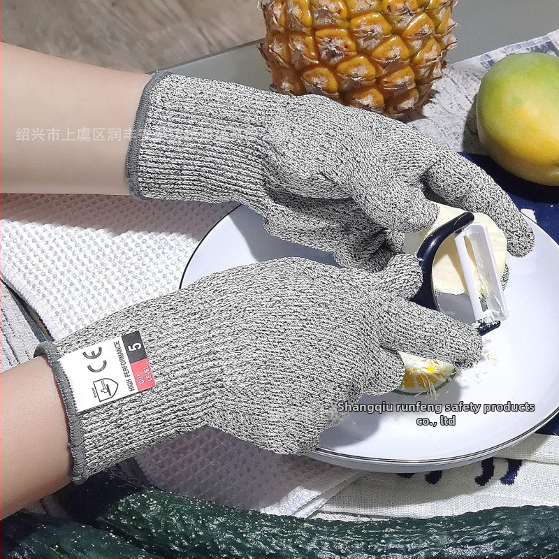 Runfeng cimdi ar griešanas aizsardzību, 13-gauge līmenis 5, izturīgi pret nolietošanos, elpojoši, pārtikas klases virtuves cimdi HPPE/stikla šķiedra/spandekss