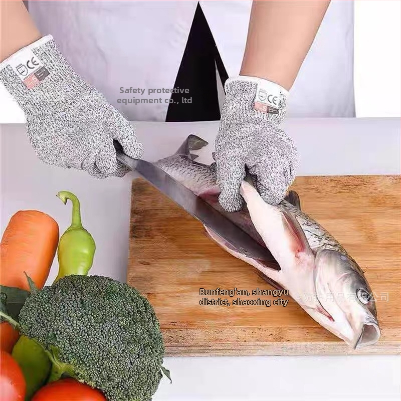 Runfeng cimdi ar griešanas aizsardzību, 13-gauge līmenis 5, izturīgi pret nolietošanos, elpojoši, pārtikas klases virtuves cimdi HPPE/stikla šķiedra/spandekss