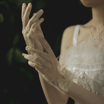 Mănuși de mireasă scurte, cu funda în model plasă