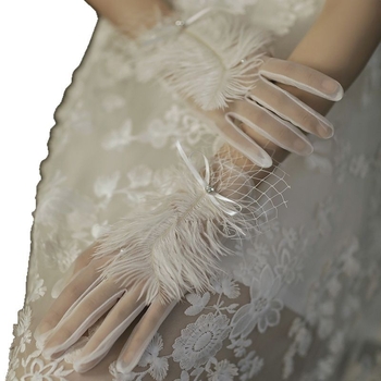 Menyasszonyi ceremoniális kesztyű tollhálós anyagból, rövid ujjas, dekoratív fotózáshoz, nőknek, minden évszakra alkalmas