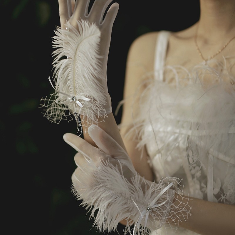 Menyasszonyi ceremoniális kesztyű tollhálós anyagból, rövid ujjas, dekoratív fotózáshoz, nőknek, minden évszakra alkalmas