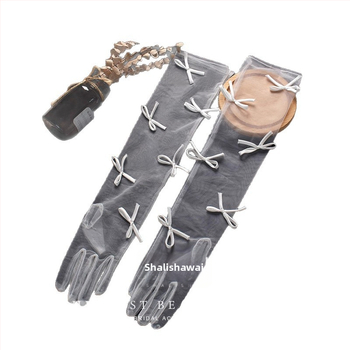 Menyasszonyi kesztyű csipke hálóval, masnival, középhosszú, Office Lady stílusú, esküvői kiegészítő, termékkód 6.16, testreszabás elérhető