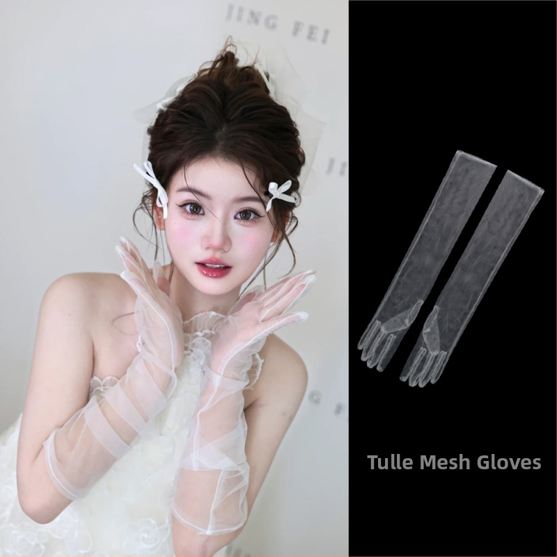 Menyasszonyi kesztyű csipke hálóval, masnival, középhosszú, Office Lady stílusú, esküvői kiegészítő, termékkód 6.16, testreszabás elérhető