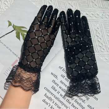 Jiawen Vasaros saulės apsaugos pirštinės su nėrinių akcentais ir kristalais, neslidžios, liečiamam ekranui, kvėpuojantis spandeksas