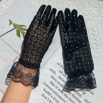 Jiawen Vasaros saulės apsaugos pirštinės su nėrinių akcentais ir kristalais, neslidžios, liečiamam ekranui, kvėpuojantis spandeksas