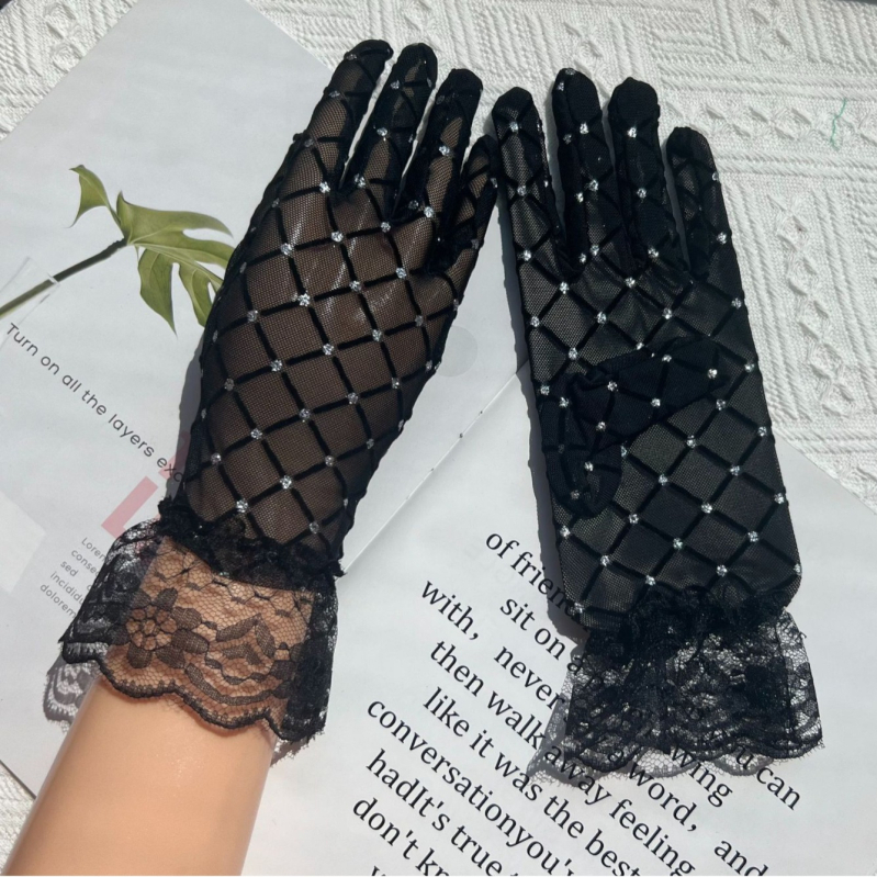 Jiawen Vasaros saulės apsaugos pirštinės su nėrinių akcentais ir kristalais, neslidžios, liečiamam ekranui, kvėpuojantis spandeksas