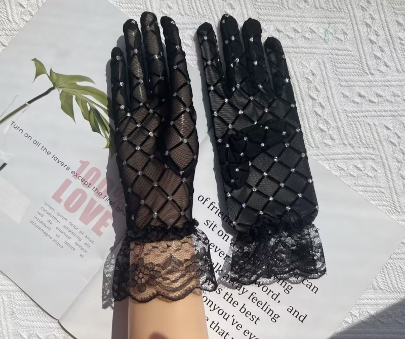 Jiawen Vasaros saulės apsaugos pirštinės su nėrinių akcentais ir kristalais, neslidžios, liečiamam ekranui, kvėpuojantis spandeksas