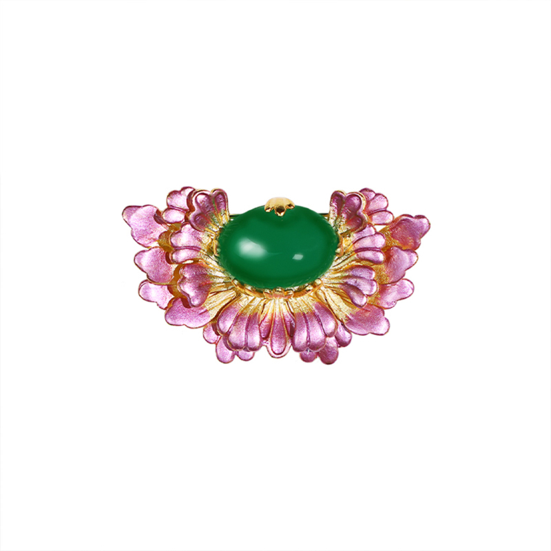 Brošna igla s motivom Begonije, chalcedon središnji kamen, pozlaćeni bakar, originalni dizajn