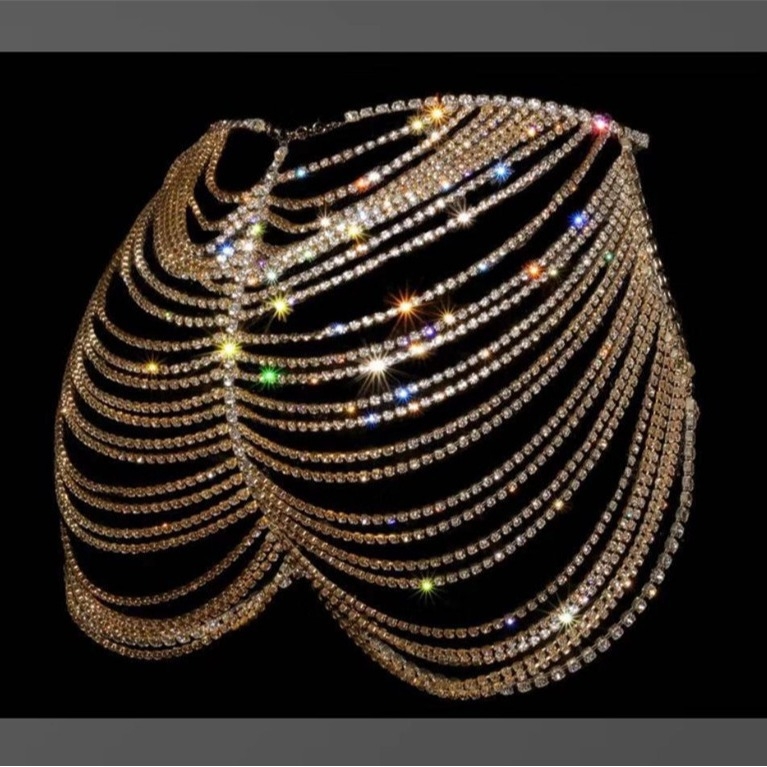 Női testlánc rhinestone kövekkel, elektropácolt felület, geometriás üreges dizájn, testreszabható gyártás