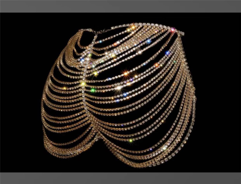 Női testlánc rhinestone kövekkel, elektropácolt felület, geometriás üreges dizájn, testreszabható gyártás