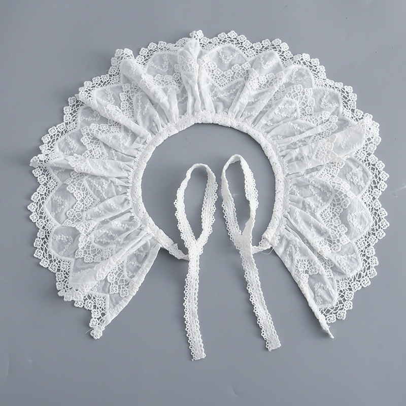 Mesterséges galléros sál, többszintű pliszírozott csipével – twill pamut, monokróm minta, japán-koreai édes stílus, hímzett dekoráció