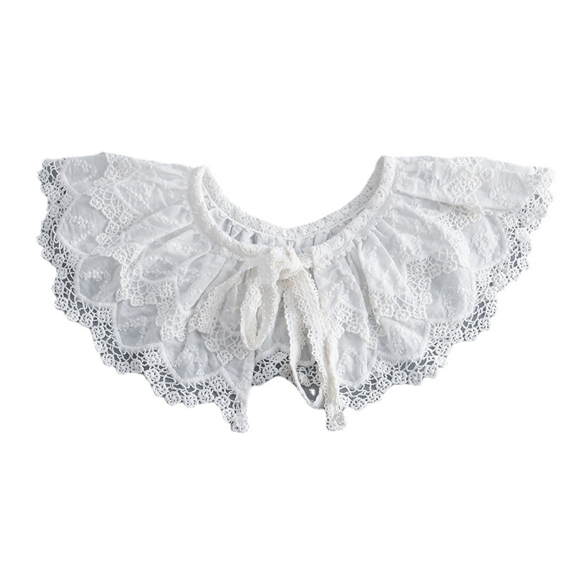 Mesterséges galléros sál, többszintű pliszírozott csipével – twill pamut, monokróm minta, japán-koreai édes stílus, hímzett dekoráció